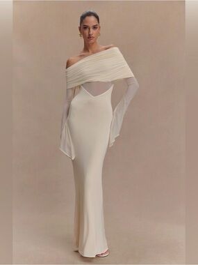 Meshki Cream Off-Shoulder Sheer-Sleeve Gown